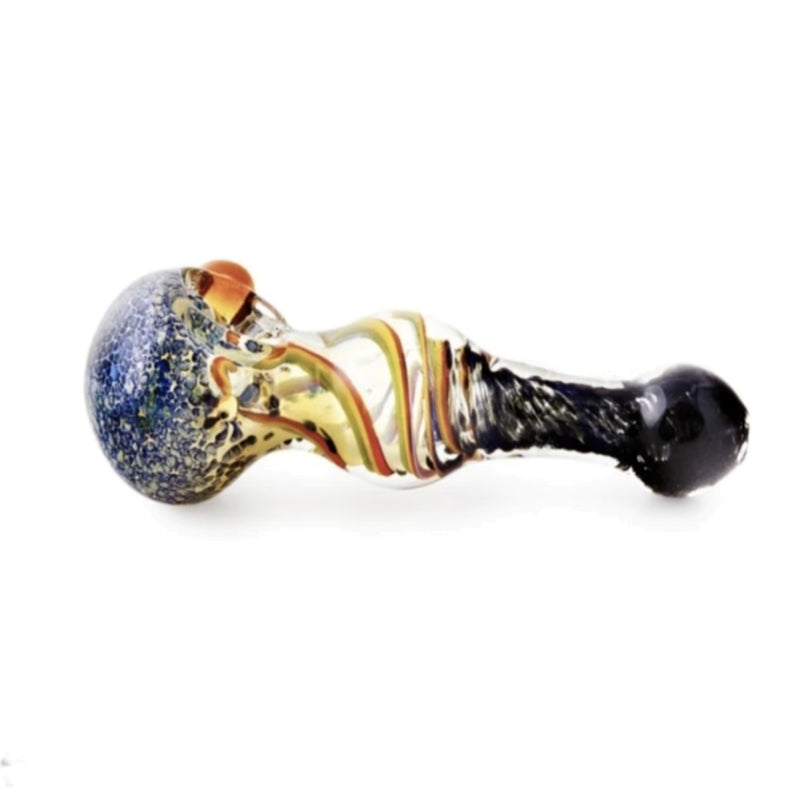 Fumed Stone Frit & Swirl Rasta Spoon Hand Pipe w/ Triple Knockers | 4.5 in Long - Glass - Assorted