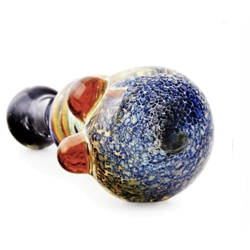 Fumed Stone Frit & Swirl Rasta Spoon Hand Pipe w/ Triple Knockers | 4.5 in Long - Glass - Assorted