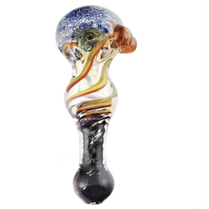 Fumed Stone Frit & Swirl Rasta Spoon Hand Pipe w/ Triple Knockers | 4.5 in Long - Glass - Assorted