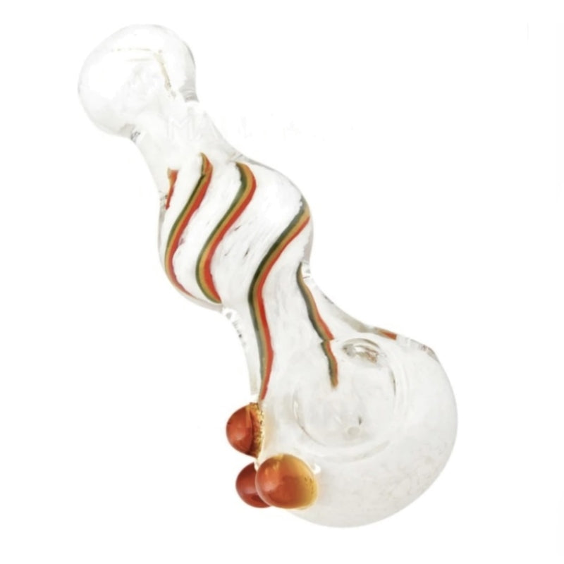 Fumed Stone Frit & Swirl Rasta Spoon Hand Pipe w/ Triple Knockers | 4.5 in Long - Glass - Assorted