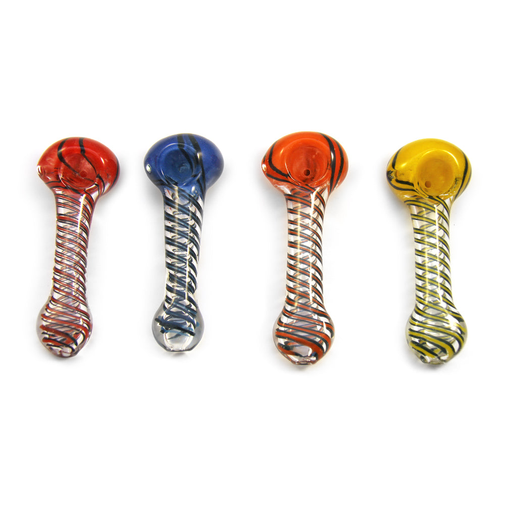 Spiral & Frit Spoon Hand Pipe | 4.5in Long - Glass Weed Pipe - Assorted