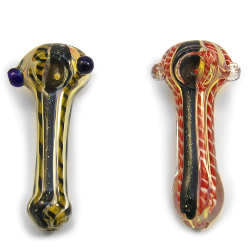 Dichro & Gold Fumed Spoon Hand Pipe w/ Ribboning & Knocker | 3.5in Long - Glass - Assorted