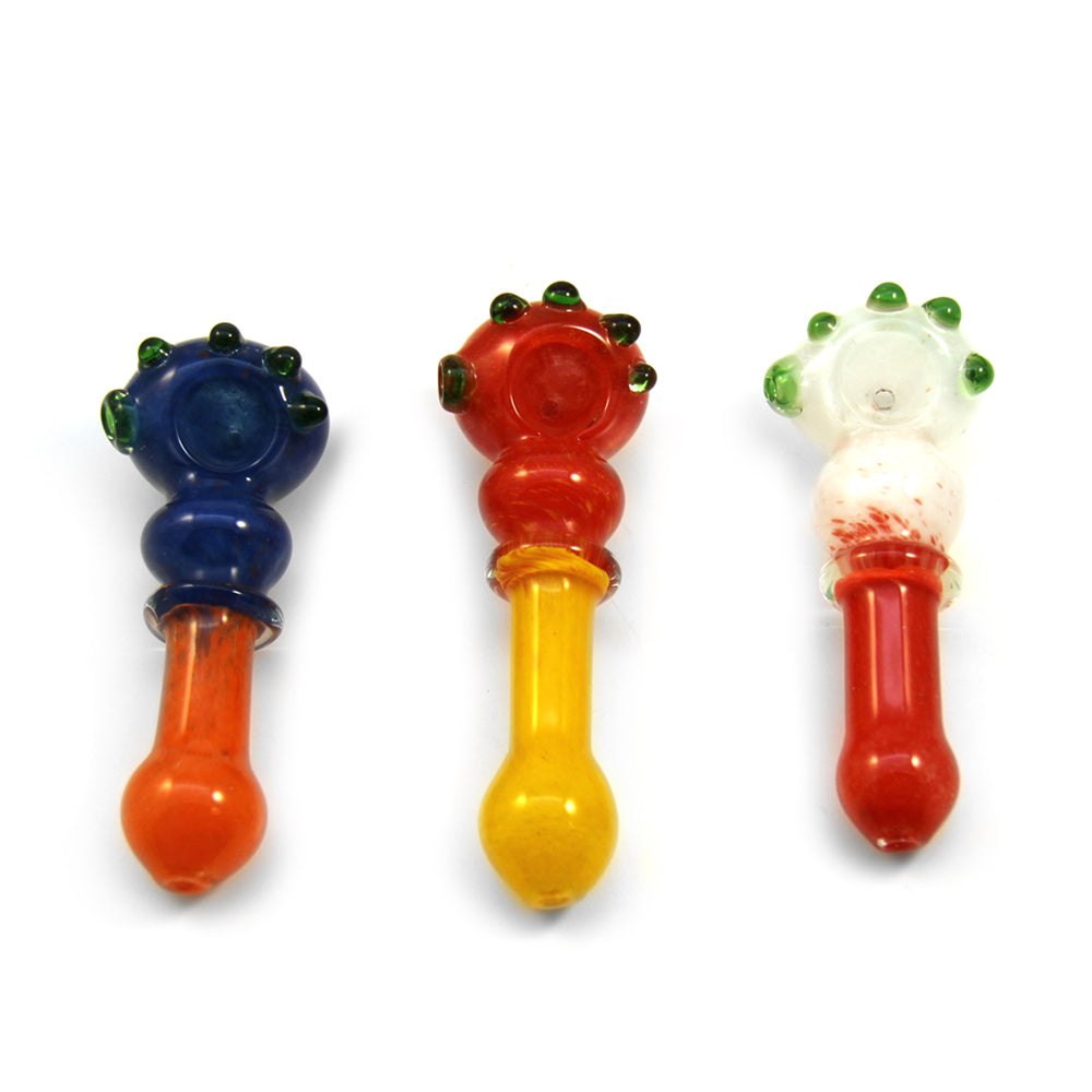 Wholesale Price Frit Ringed Bulged Spoon Hand Pipe w/ Multi Knockers | 4.5in Long - Glass - Assorted