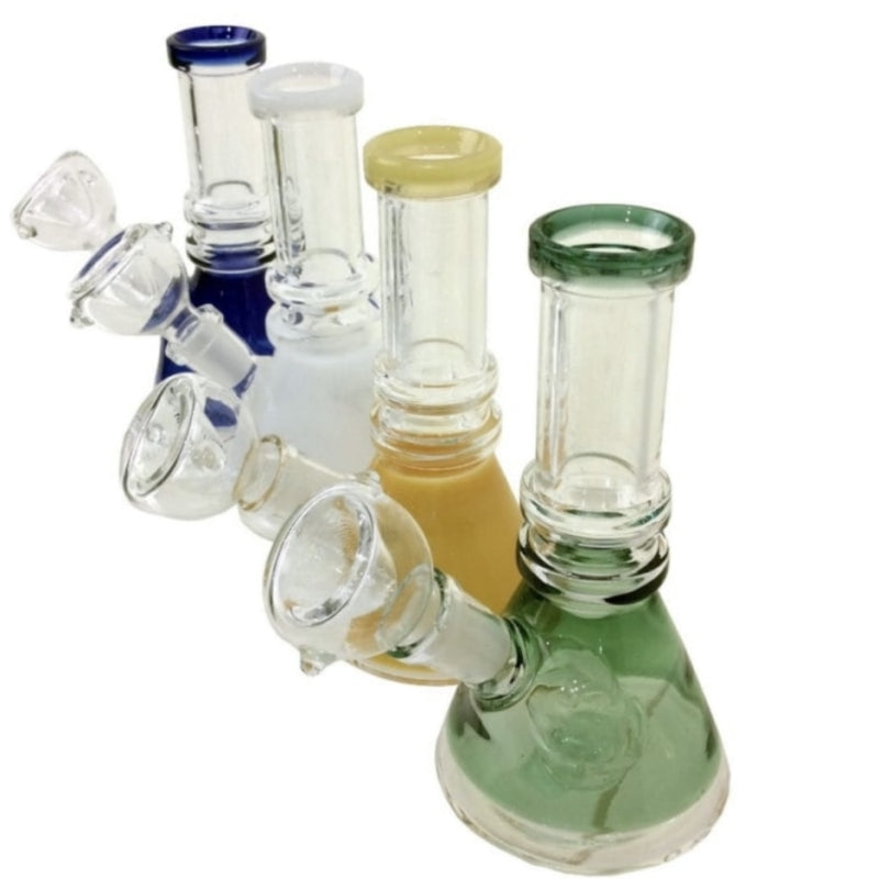 Double Ring Mini Beaker Water Pipe with Blue Color Trim Base and Neck 14MM ClearBowl