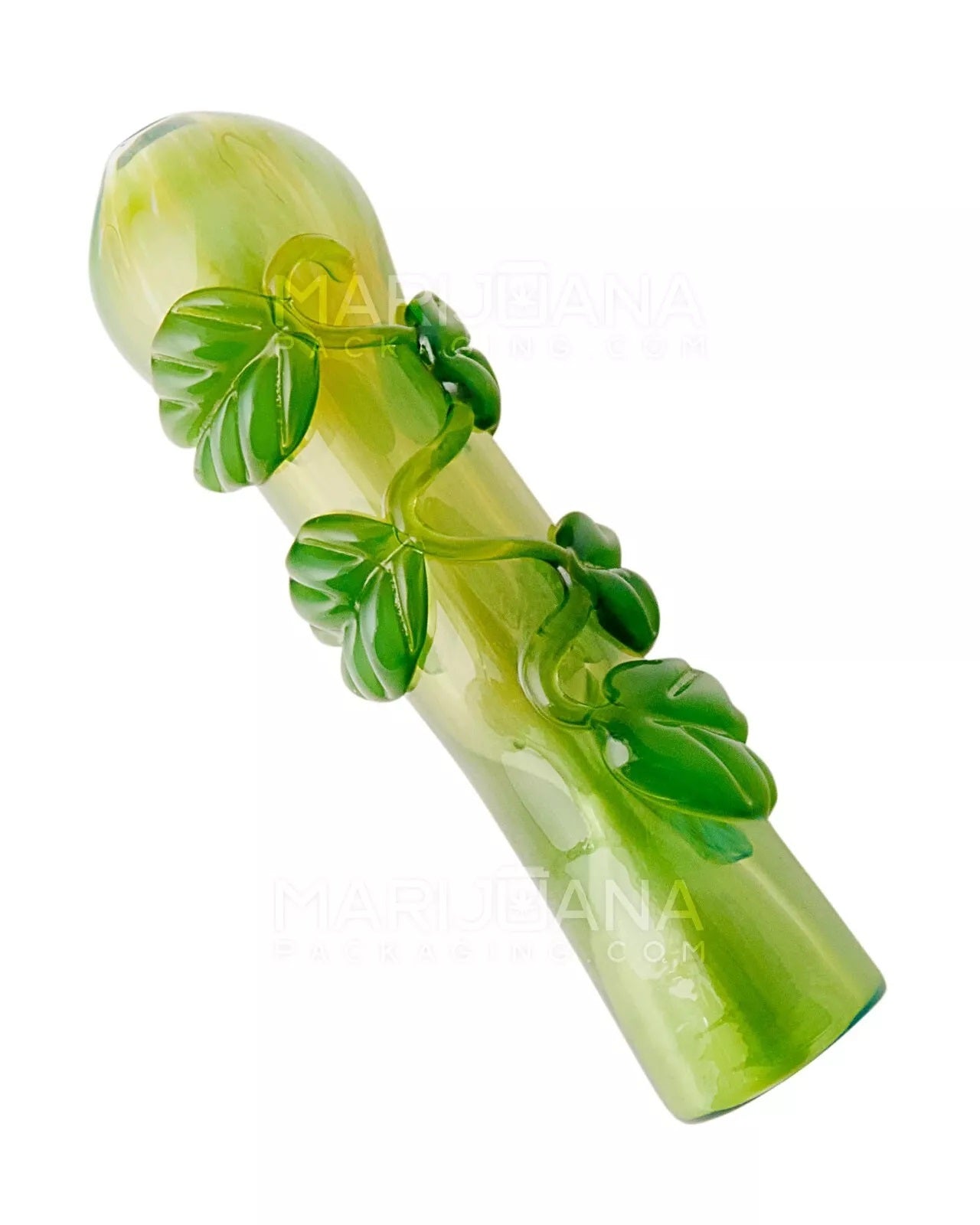 Hand Blown Green Glass Leaf Design Chillum Glass Hand Pipe 3.5 in Long