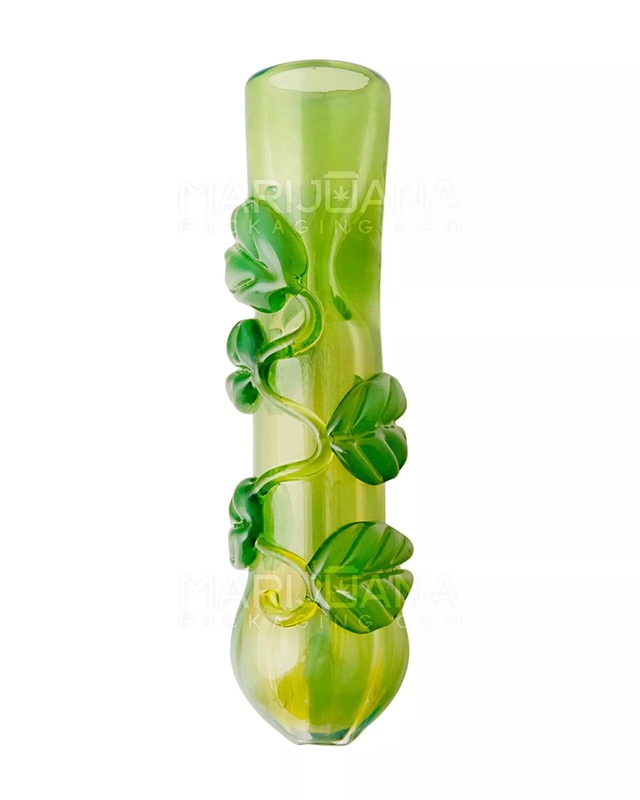 Hand Blown Green Glass Leaf Design Chillum Glass Hand Pipe 3.5 in Long
