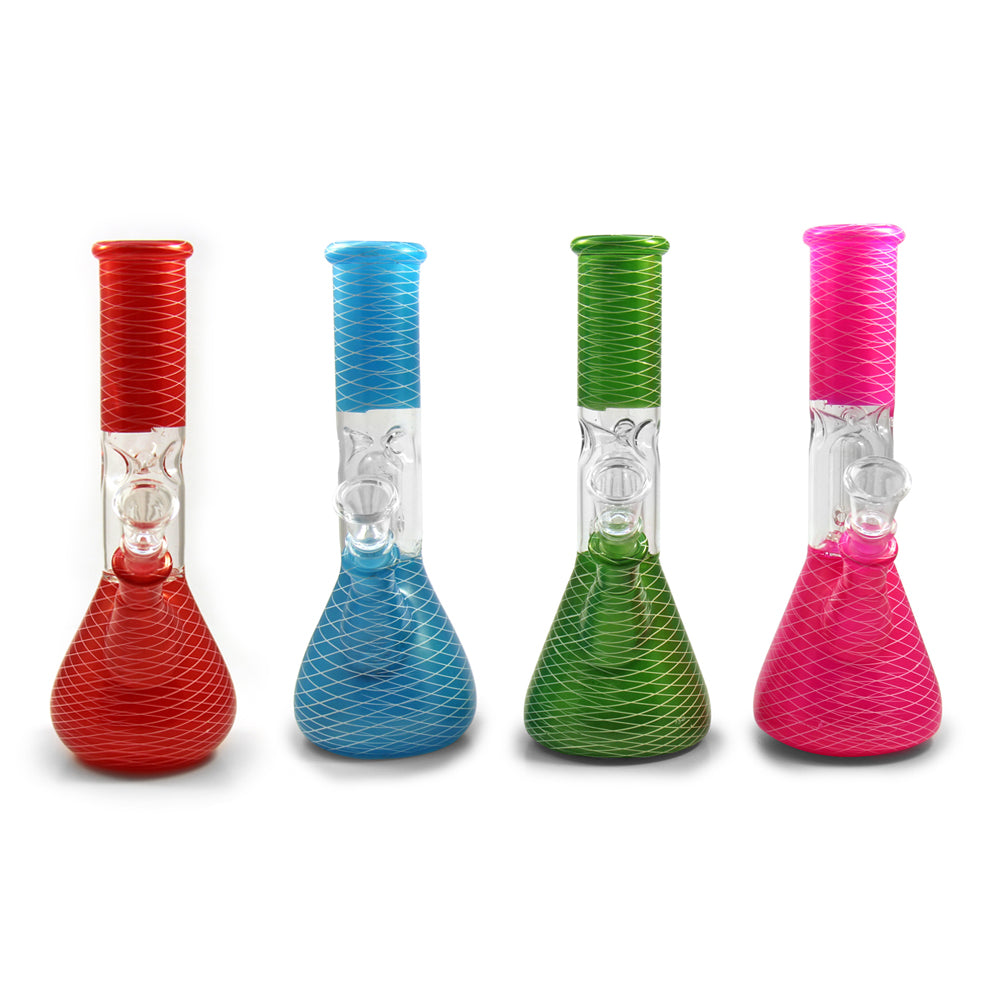 Straight Neck Dome Perc Glass Beaker Water Pipe w/ Ice Catcher | 8in Tall – 14mm Bowl –Web Designs Assorted