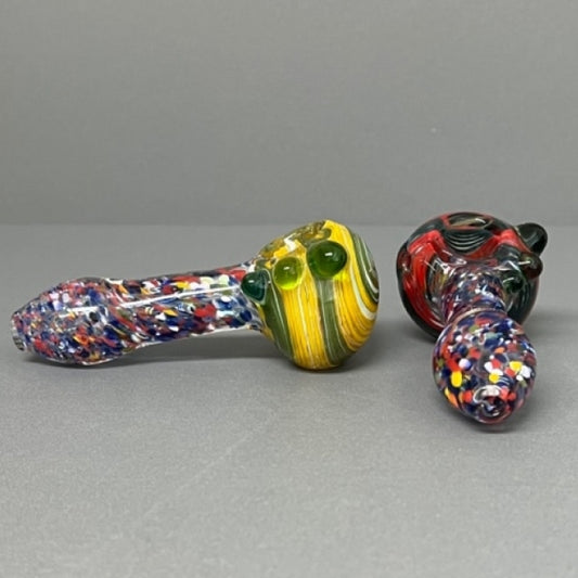 Glass - 4.5" Confetti Frit Fusion Hand Pipe with  3 Knocker w/ Swirls Hand Pipe