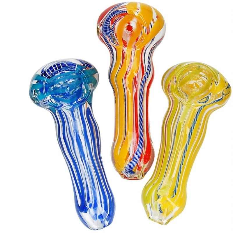 3.5" Spiral Swirl Spoon Glass Hand Pipe with Ribbons Assorted Colors