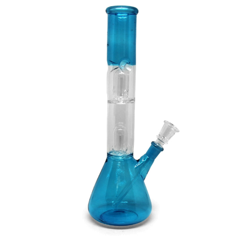 Double Chamber | Straight Neck Dome Perc Glass Beaker Water Pipe w/ Ice Catcher | 12in Tall - 14mm Bowl - Assorted