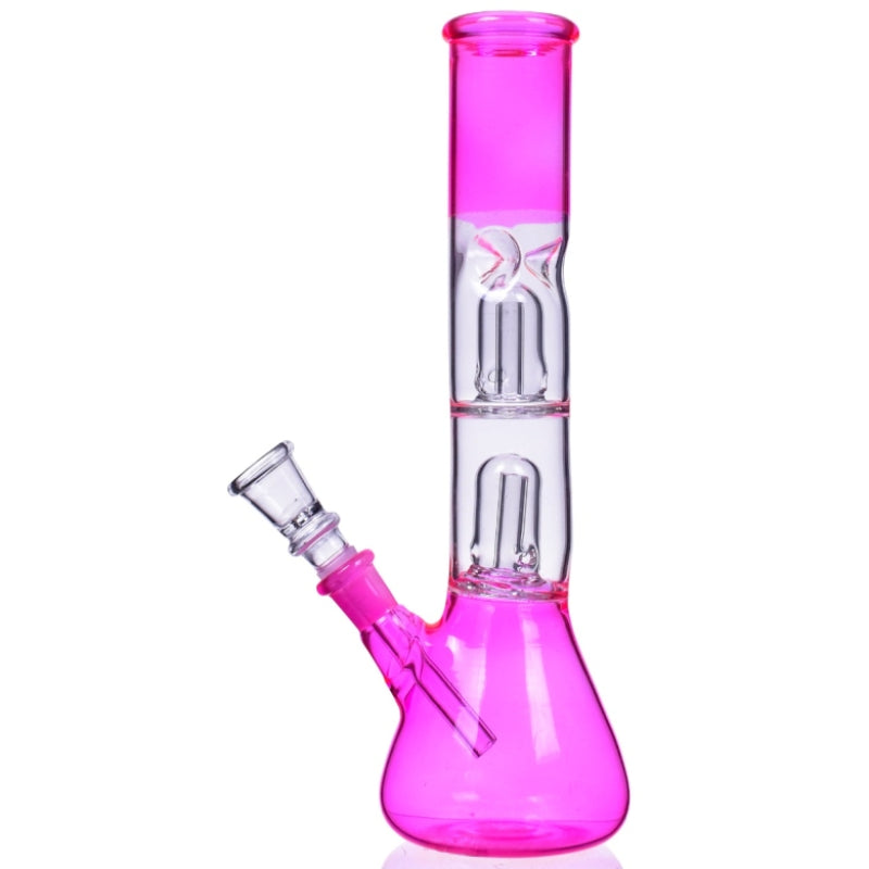 Double Chamber | Straight Neck Dome Perc Glass Beaker Water Pipe w/ Ice Catcher | 12in Tall - 14mm Bowl - Assorted